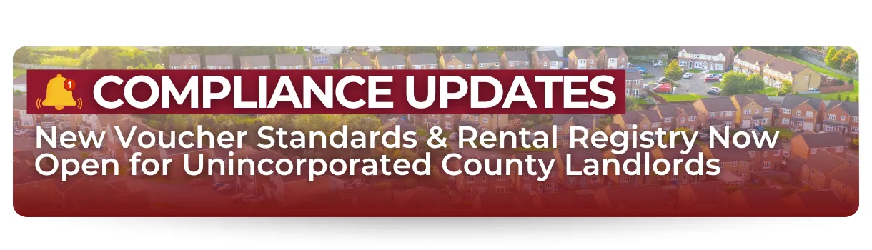 Banner with aerial view of suburban houses and text: 'Compliance Updates – New Voucher Standards & Rental Registry Now Open for Unincorporated County Landlords'.