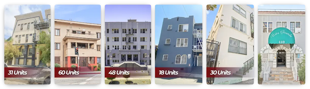Five different apartment buildings with unique architectural designs.