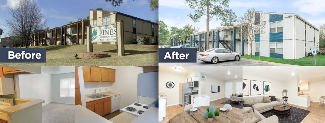 Apartment renovation before and after: exterior improvements and updated modern renovated interiors.