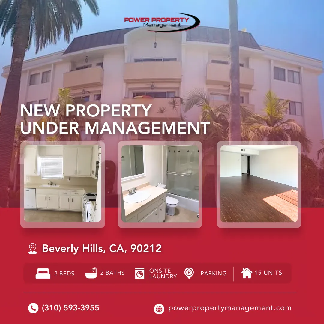 NEW PROPERTY UNDER MANAGEMENT: Beverly Hills, CA, 90212, 2 BEDS, 2 BATHS, ONSITE LAUNDRY, PARKING, 15 UNITS, (310) 593-3955