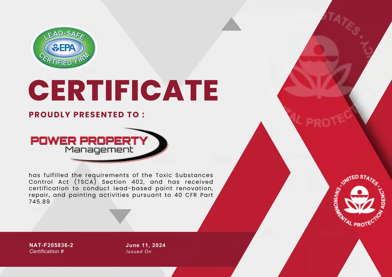 Certificate of compliance with the Toxic Substances Control Act (TSCA) Section 402 for POWER PROPERTY MANAGEMENT, issued on June 11, 2024.